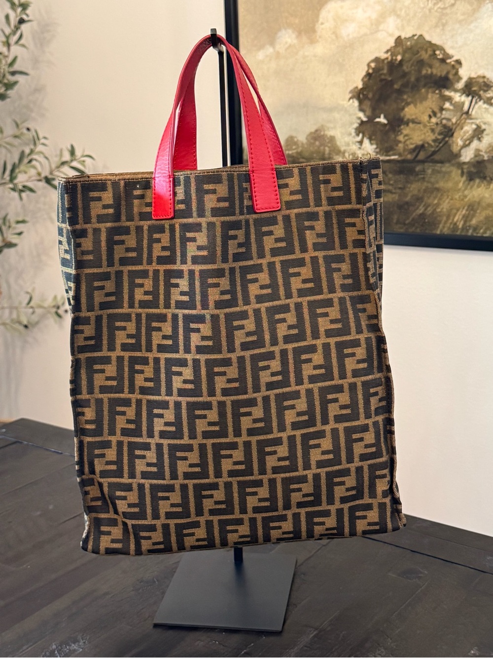 Fendi Brown Zucca Canvas Tote with Red Handles - Picture 1 of 10